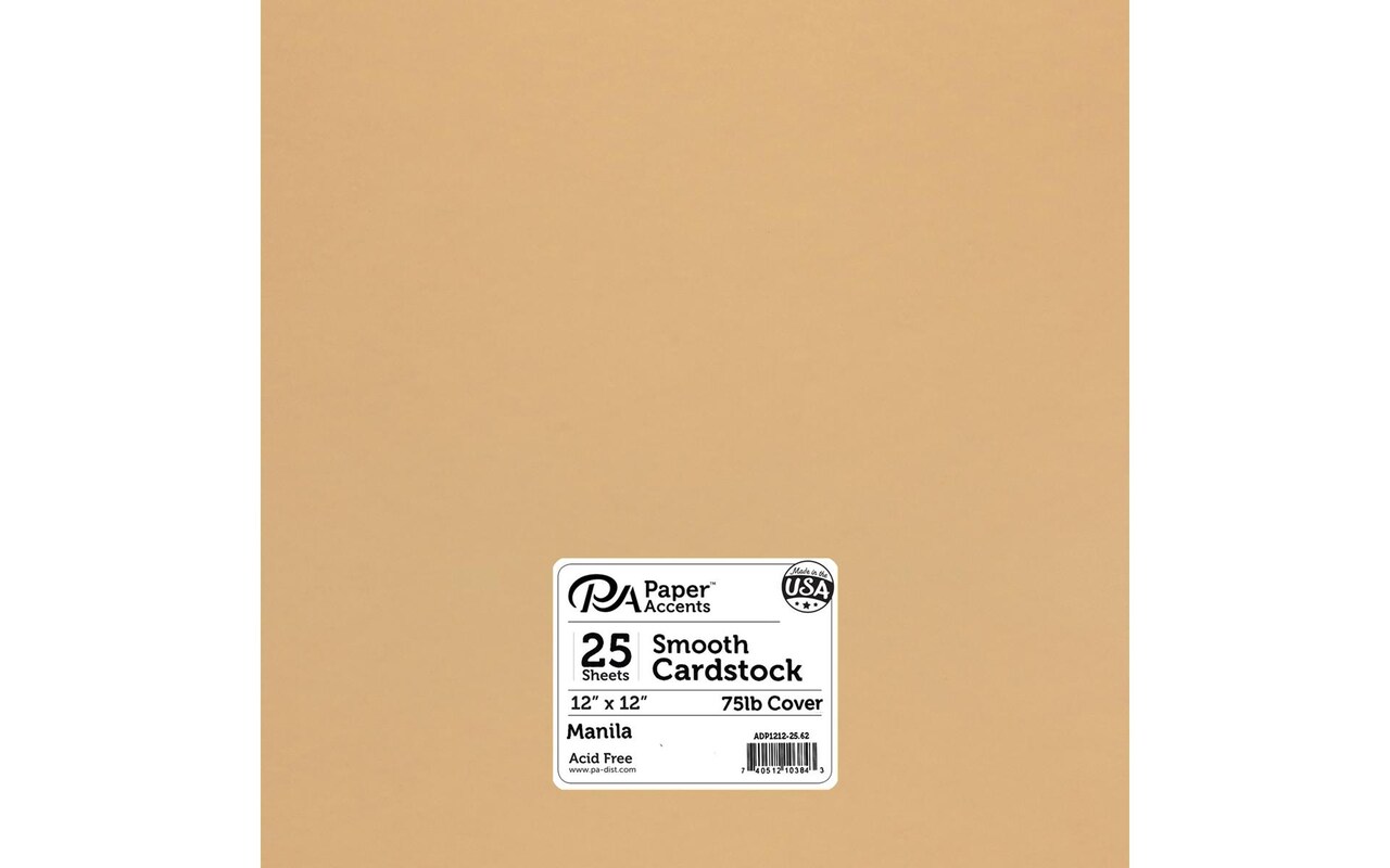 PA Paper Accents Smooth Cardstock 12" x 12" Manila, 75lb colored cardstock paper for card making, scrapbooking, printing, quilling and crafts, 25 piece pack